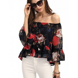 Women's Going out Sexy / Street chic All Seasons Blouse,Floral Boat Neck Long Sleeve Black Polyester Thin