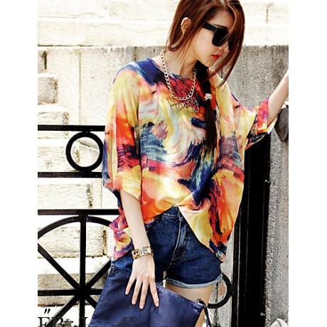 Women's Casual/Daily Boho Summer Blouse,Print Round Neck ? Sleeve Orange Polyester Thin